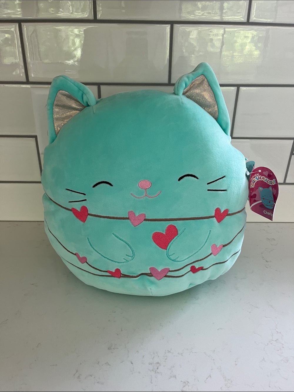 Squishmallows Teal Cat Plush with Pink Heart Accents
